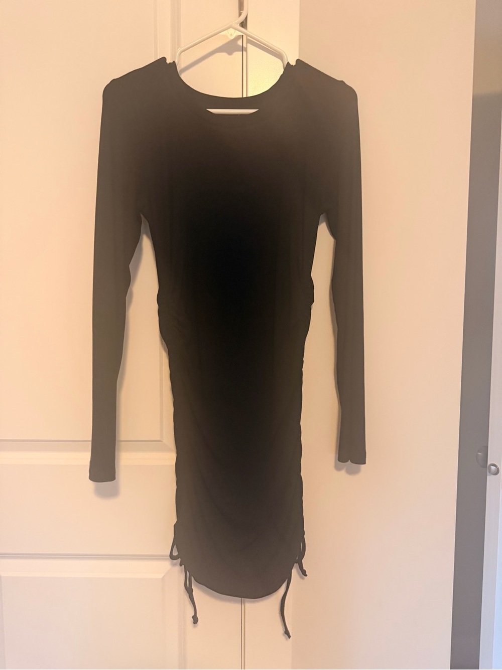 mittoshop Black Long Sleeve Midi Dress with Side Drawstring Ruche